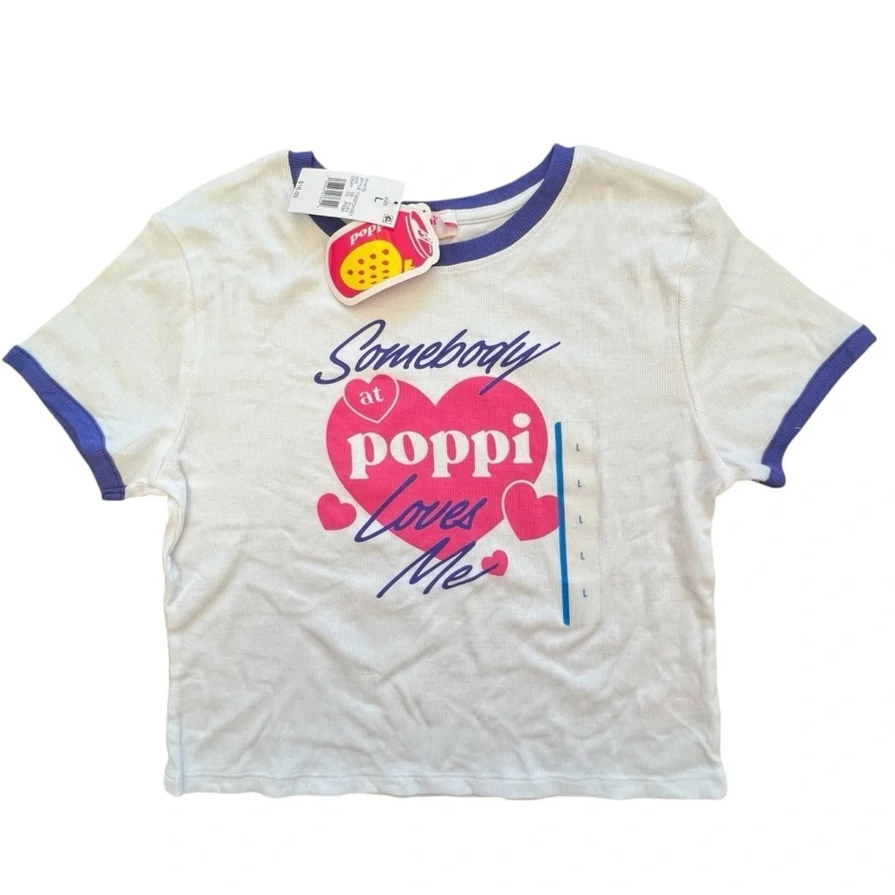 Poppi White and Pink Crop T-Shirt with Purple Trim, L - Picture 2 of 5